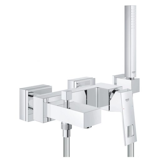 GROHE Eurocube egykaros kád csaptelep 1/2" + Euphoria Cube Stick kézizuhany fix falitartóval, Silver Flex csavarodásmentes zuhanycsővel