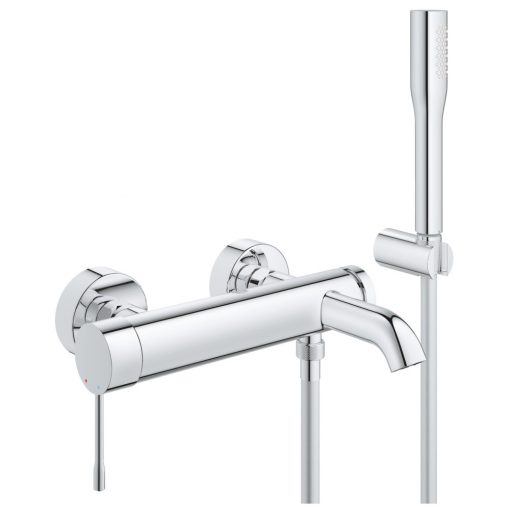 GROHE Essence egykaros kád csaptelep 1/2″ + Euphoria Cosmopolitan kézizuhany fix falitartóval, Silver Flex csavarodásmentes zuhanycsővel